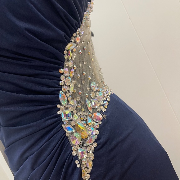 Val Stefani Prom Navy Blue One Shoulder Beaded Mesh Cutout Gown Size 6 Formal - Picture 4 of 13